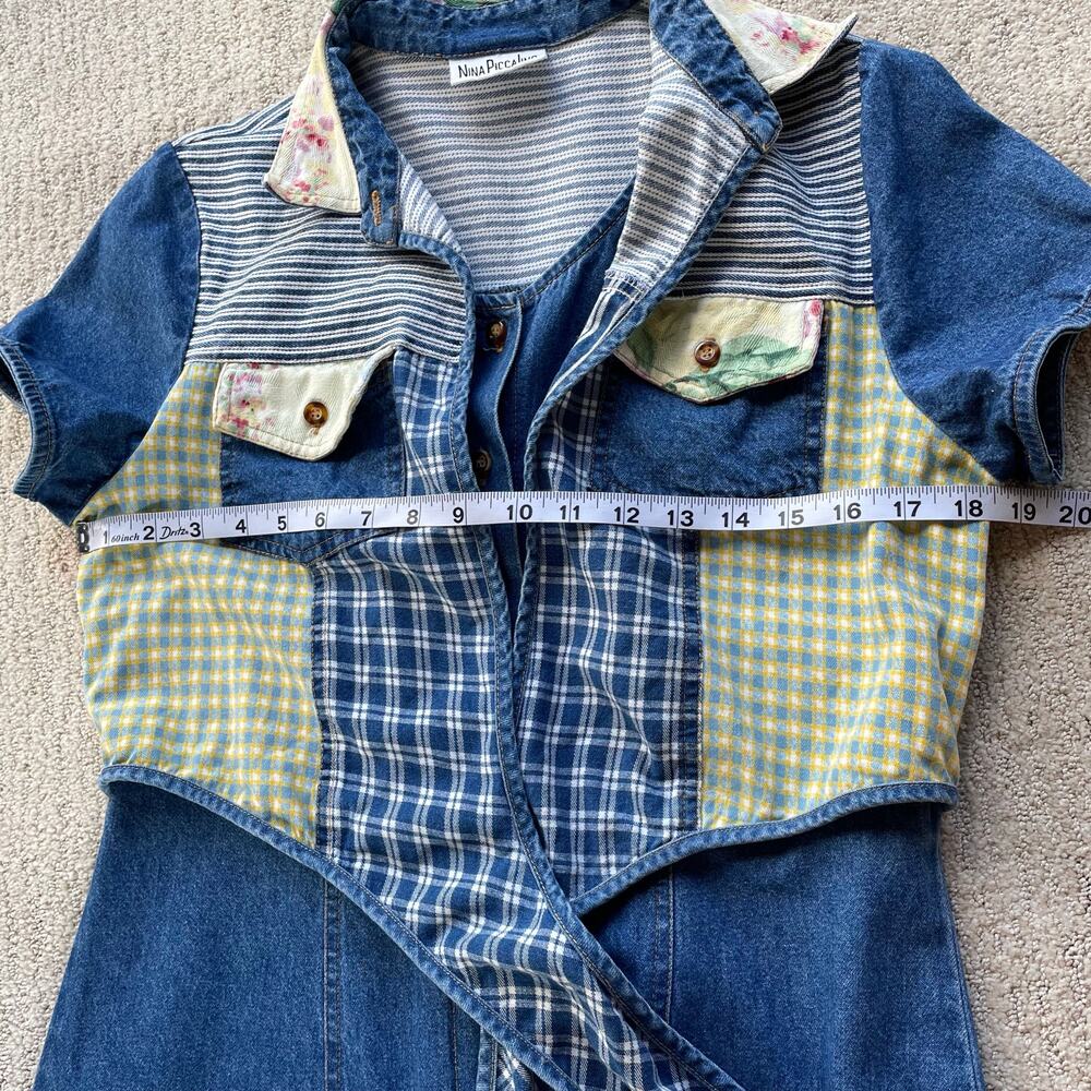 š„VTG Nina Piccalino Denim Dress Fit & Flare Button Down Patchwork Boho Cottage - Picture 10 of 14